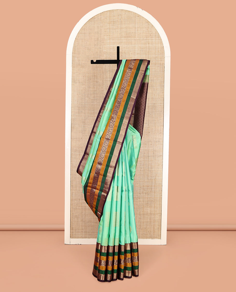 Sea Green Vasundhara Silk Saree, Elevated with Zari Buttas, Contrast Traditional Kodi Visiry Border, Grand Jaal Pallu, and a Contrast Blouse