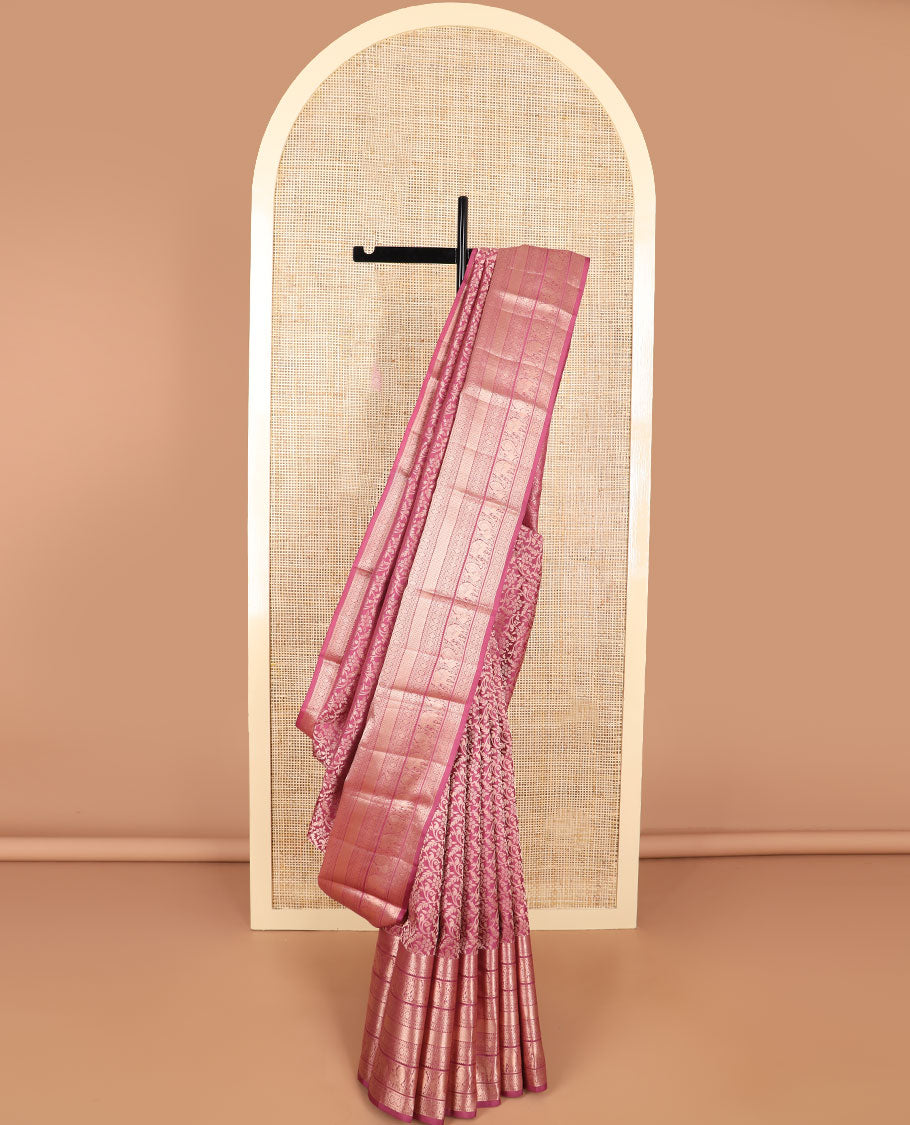 Maroon floral design kancheepuram silk saree with self border of rekku, muthu, banaras, mayil, yanai design & zari design pallu