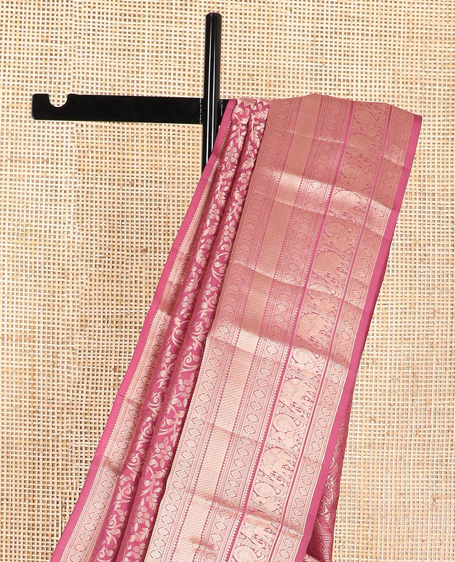 Maroon floral design kancheepuram silk saree with self border of rekku, muthu, banaras, mayil, yanai design & zari design pallu