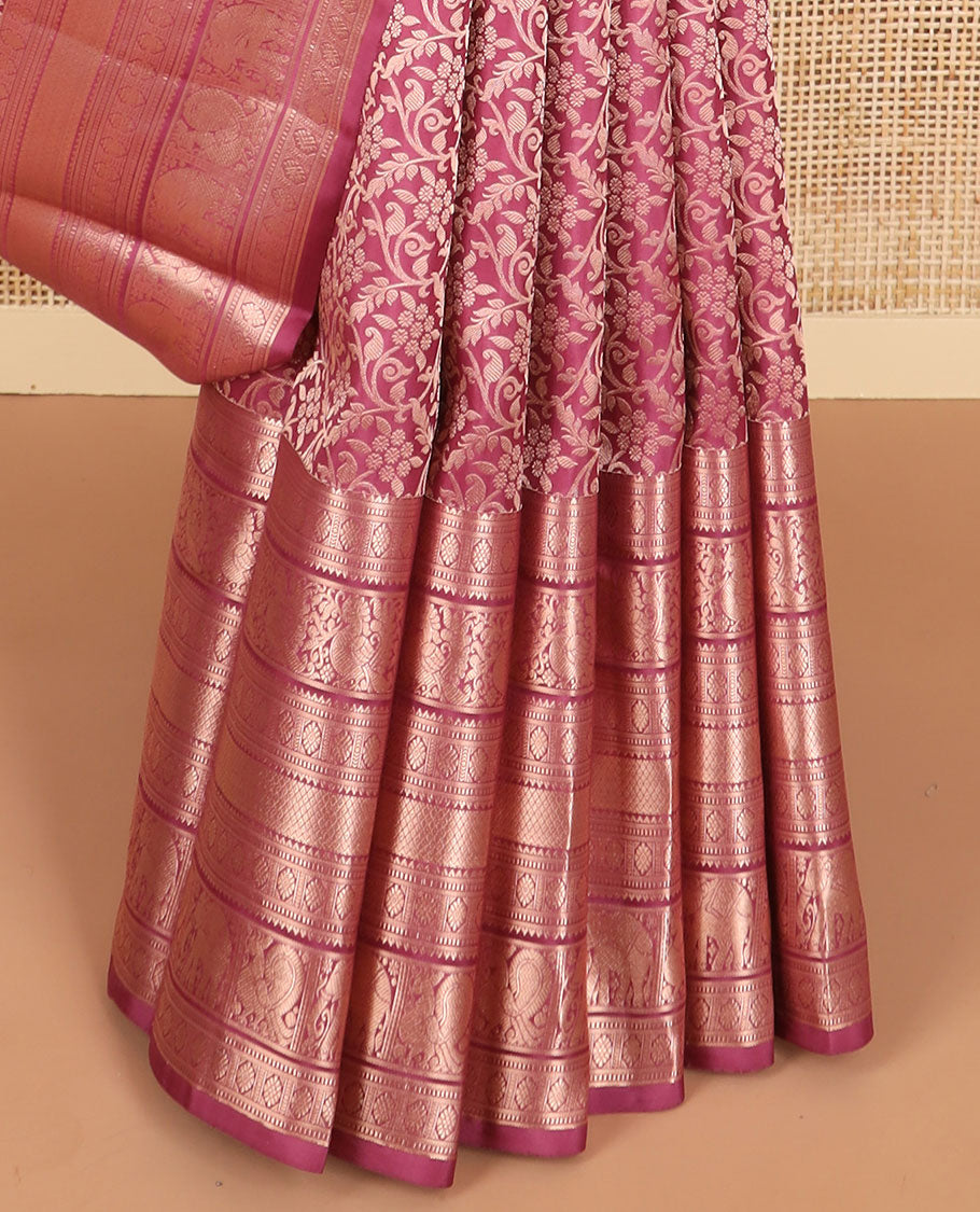 Maroon floral design kancheepuram silk saree with self border of rekku, muthu, banaras, mayil, yanai design & zari design pallu