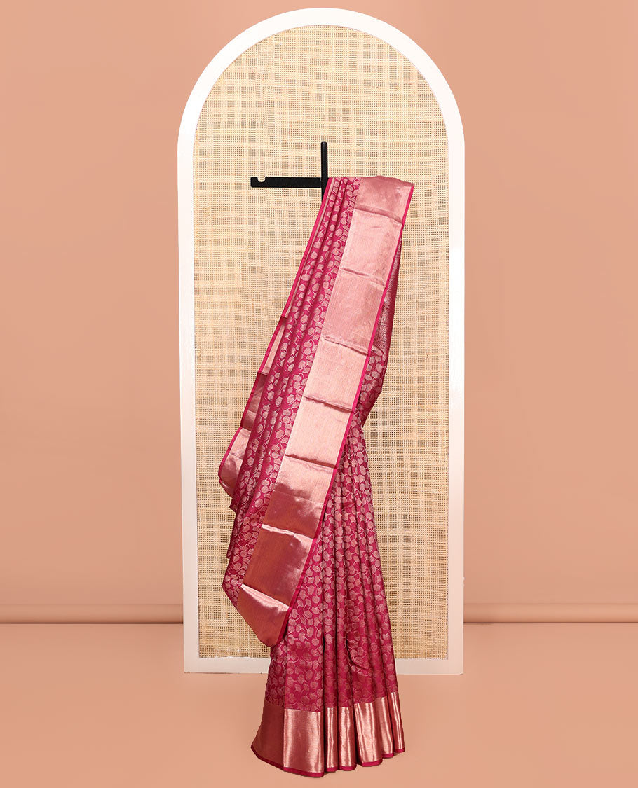 Wine Kanchipuram Wedding Silk Saree, Gleamed Up with Floral Buttas on Its Body, Highlighted by a Zari Border, Pallu of Geometric Designs, and Paired with a Matching Blouse