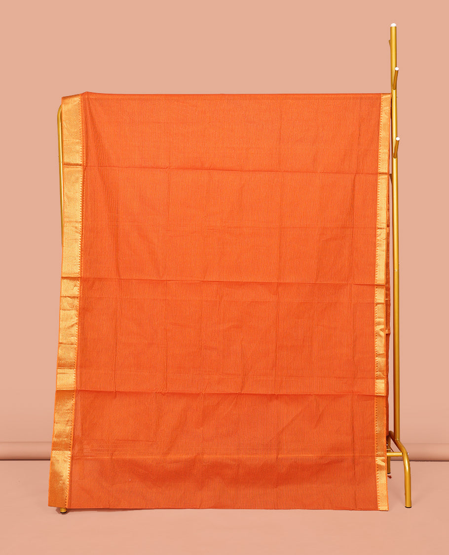 Orange Sparsely Striped Mangalgiri Cotton Saree, Highlighted by a Zari Border, Gleaming Zari-Striped Pallu, and Paired with a Matching Blouse