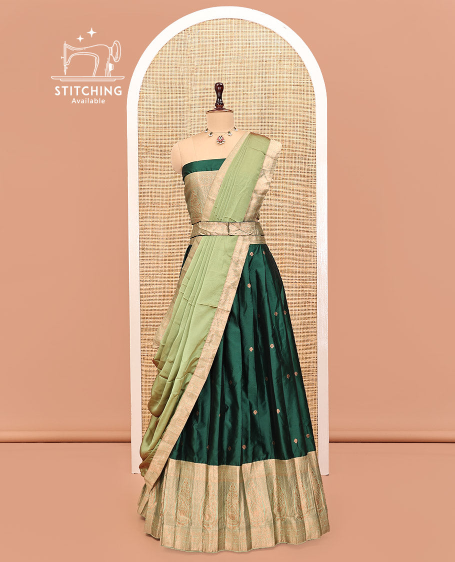Green Art Silk Half Saree Features Buttas Skirt, Complemented by Contrast Traditional Border, Matching Blouse, and a Plain Zari-Bordered Dhavani