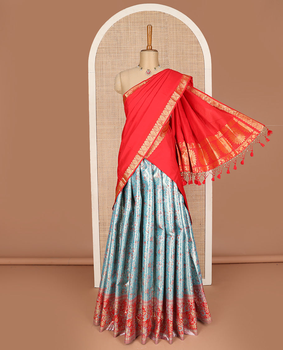 Blue art silk half-saree pavadai material, jacquard with contrast meenakari border skirt, jacquard blouse, and zari design dhavani