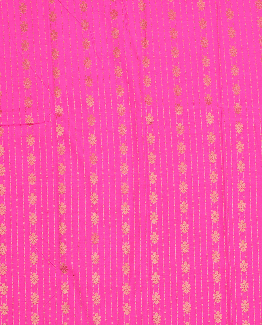 Pink art silk pavadai set, zari design and contrast traditional zari bordered skirt and a contrast zari border blouse