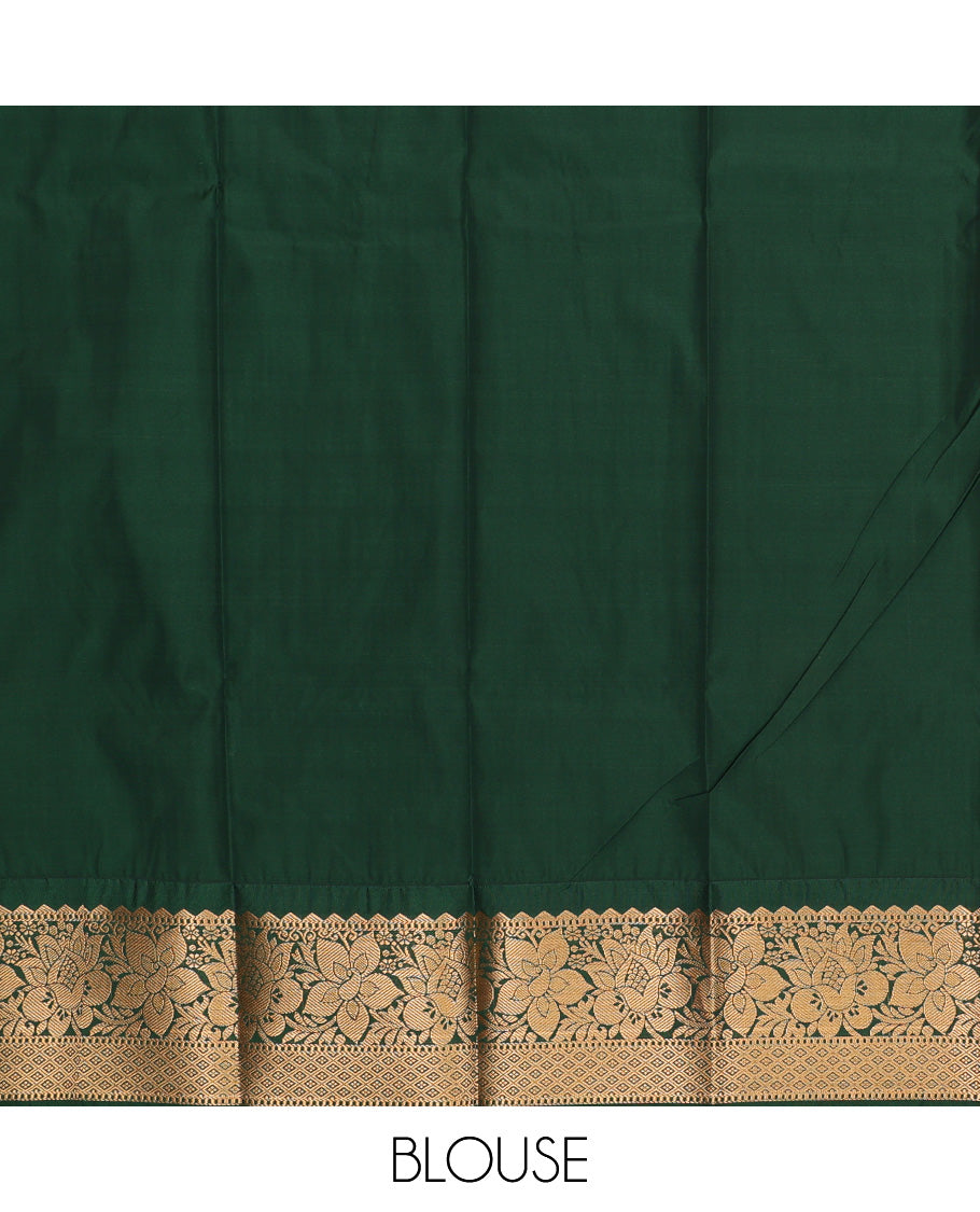 Pink art silk pavadai set, zari design and contrast traditional zari bordered skirt and a contrast zari border blouse