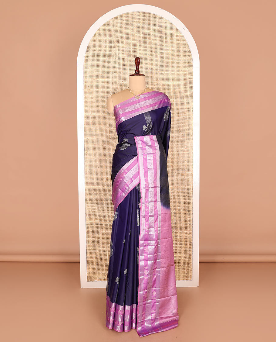 Blue zari buttas budget silk saree, contrast traditional zari design border, and paisley motifs pallu