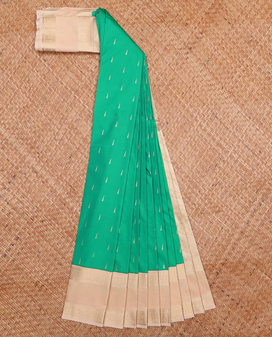 Green zari buttas gift saree, contrast traditional zari design rettai pettu border, and pallu of diagonal designs