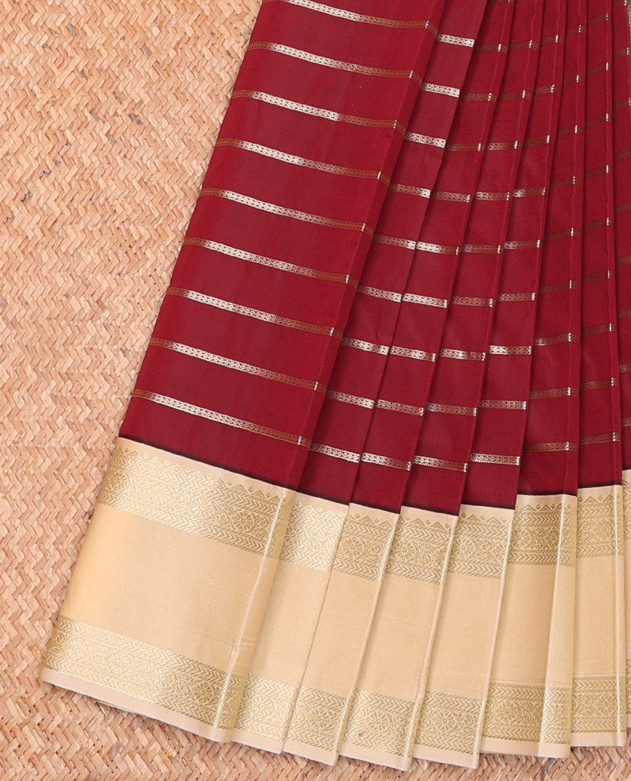Maroon Budget Silk Saree Delicately Woven with Horizontal Neli Stripes, Trimmed with a Contrast Traditional Zari Motif Rettai Pettu Border, Featuring a Subtly Woven Jaal Pallu, Paired with a Contrast Blouse