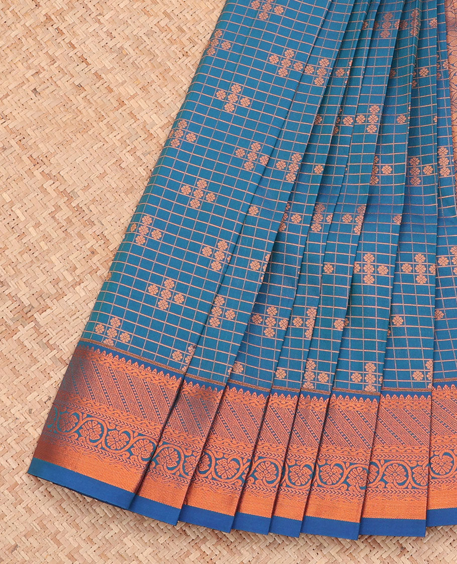 Blue Budget Silk Saree, Decked Up with Zari Buttas and Checks All Over Its Body, Highlighted by a Traditional Zari Design Border, Ogee-Patterned Pallu, and Paired with a Matching Blouse
