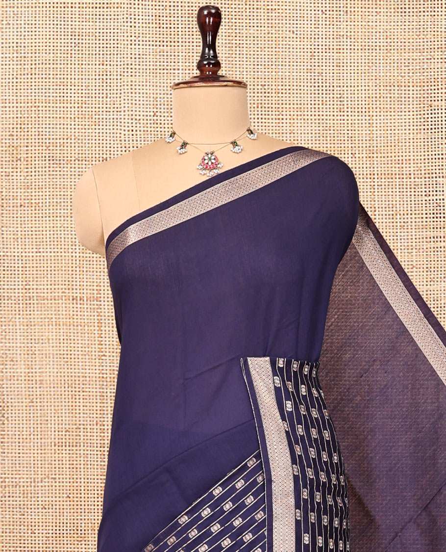 Blue Plain Assam Silk Saree, Highlighted by a Traditional Border, Zari Striped Pallu, and a Matching Blouse