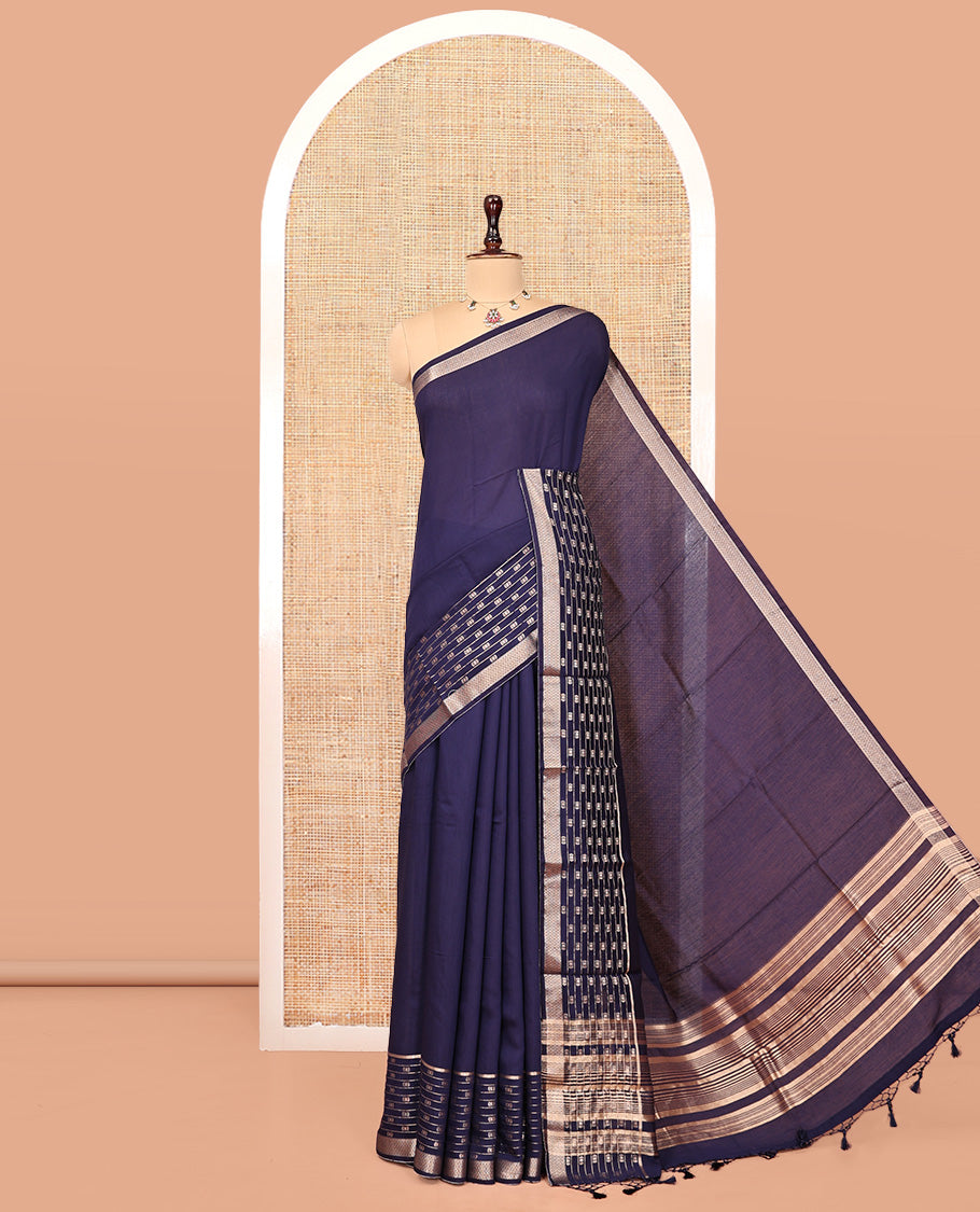 Blue Plain Assam Silk Saree, Highlighted by a Traditional Border, Zari Striped Pallu, and a Matching Blouse