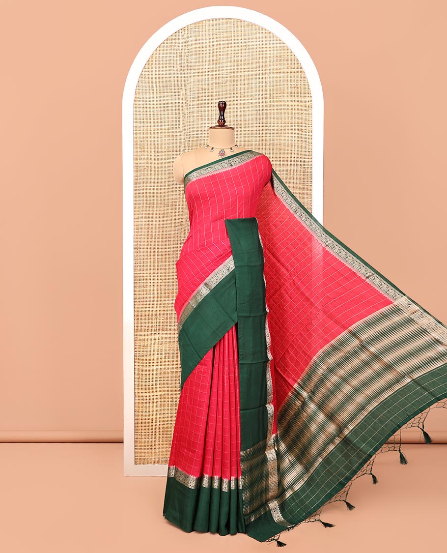Red Assam Silk Saree, Adorned with Checks, Contrast Traditional Zari Border, Zari-Striped Pallu, and a Contrast Blouse