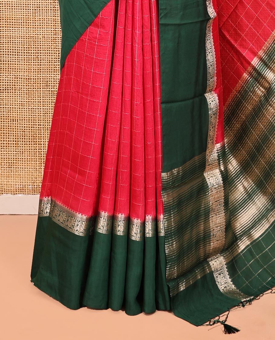 Red Assam Silk Saree, Adorned with Checks, Contrast Traditional Zari Border, Zari-Striped Pallu, and a Contrast Blouse