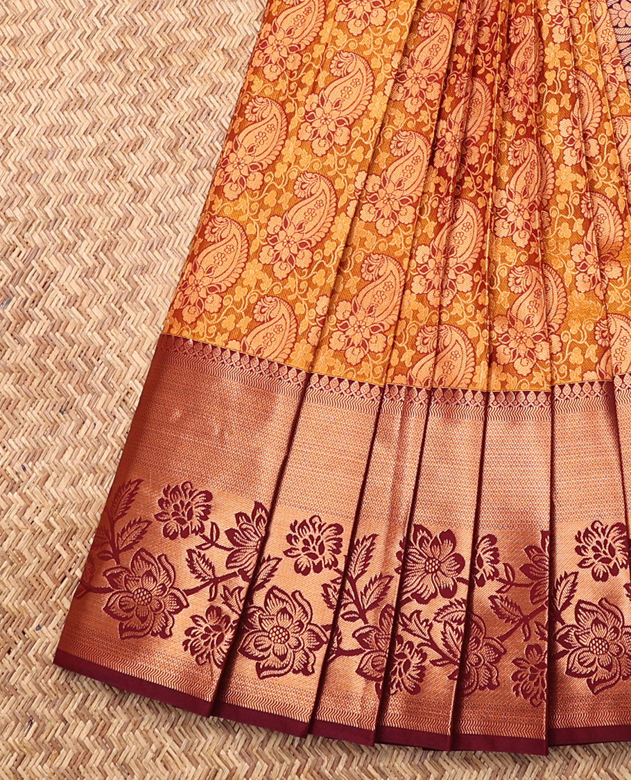 Orange Budget Silk Saree, Bedecked with Paisley Jacquard, Complemented by Contrast Traditional Zari Border, Intricate Pallu, and a Contrast Blouse