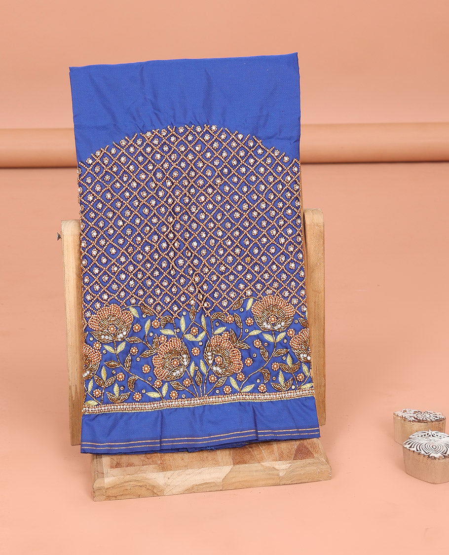 Blue Aari Material Blouse Delicately Woven with Jaal-Floral Design in Bead and Zarkan Stone Mixed Embroidery