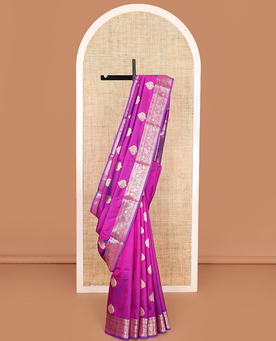 Purple zari buttas kathan silk saree, traditional border of paisley creeper designs, and jaal pallu