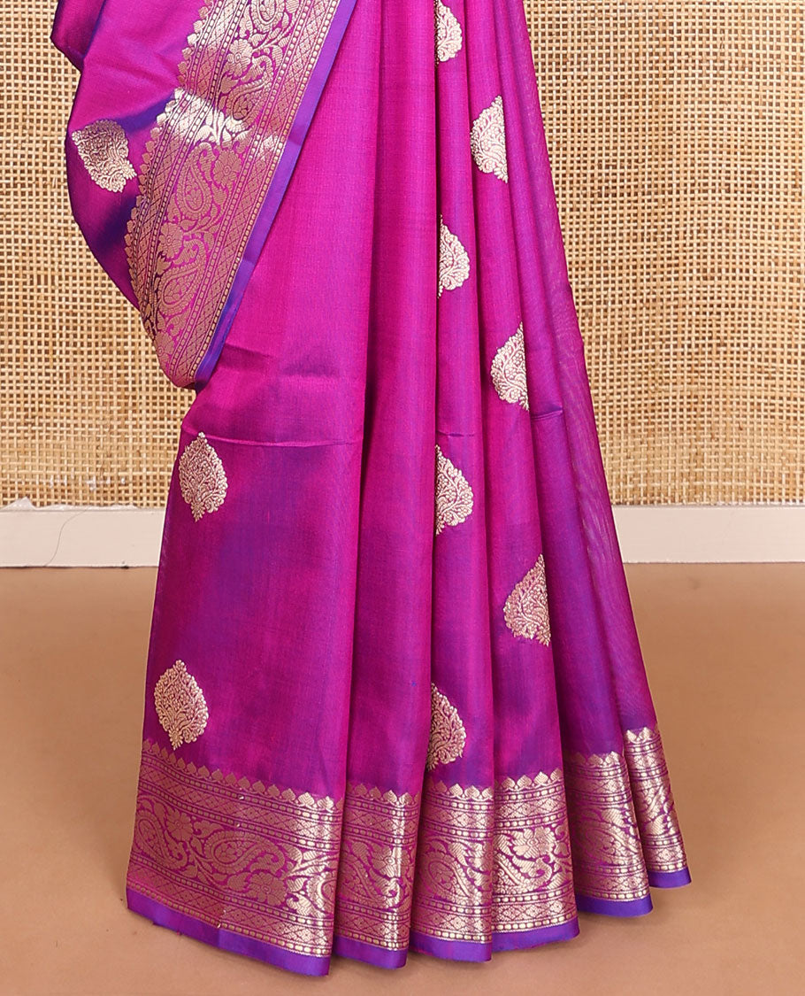 Purple zari buttas kathan silk saree, traditional border of paisley creeper designs, and jaal pallu