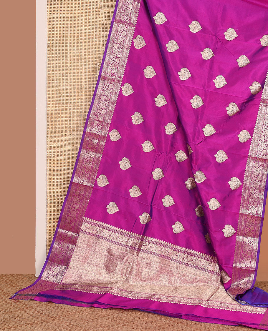 Purple zari buttas kathan silk saree, traditional border of paisley creeper designs, and jaal pallu