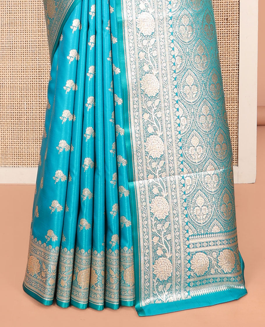 Blue Banarasi Nylon Saree, Elevated with Floral Buttas, Zari Floral Creeper Border, Intricate Pallu, and a Matching Blouse