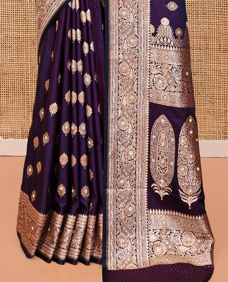Dark Purple Banarasi Satin Saree, Ornamented with Zari Buttas, a Floral Creeper Border, Intricate Stonework Pallu, and a Matching Blouse