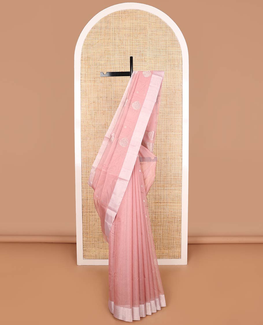 Peach motifs chanderi cotton saree with contrast border & floral motifs pallu