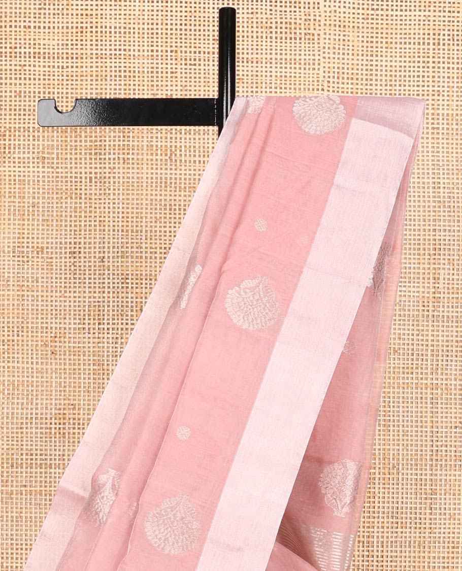Peach motifs chanderi cotton saree with contrast border & floral motifs pallu
