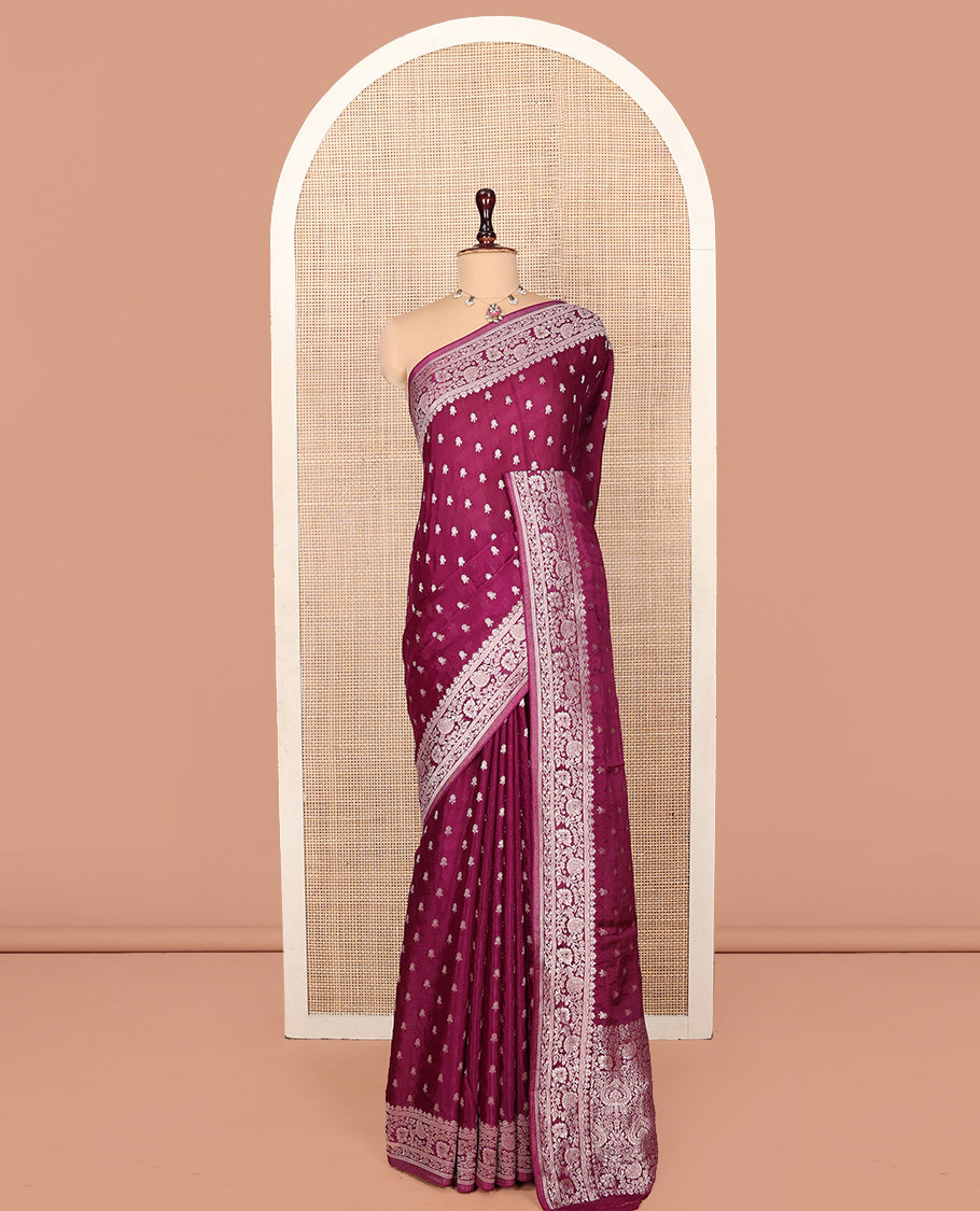 Purple Fancy Crepe Saree, Beautified with Floral Buttas, Highlighted by a Floral Creeper Border, Intricately Designed Pallu, and a Matching Blouse