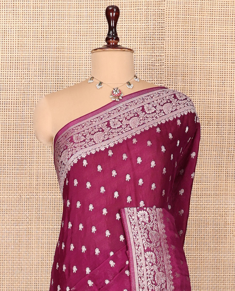 Purple Fancy Crepe Saree, Beautified with Floral Buttas, Highlighted by a Floral Creeper Border, Intricately Designed Pallu, and a Matching Blouse