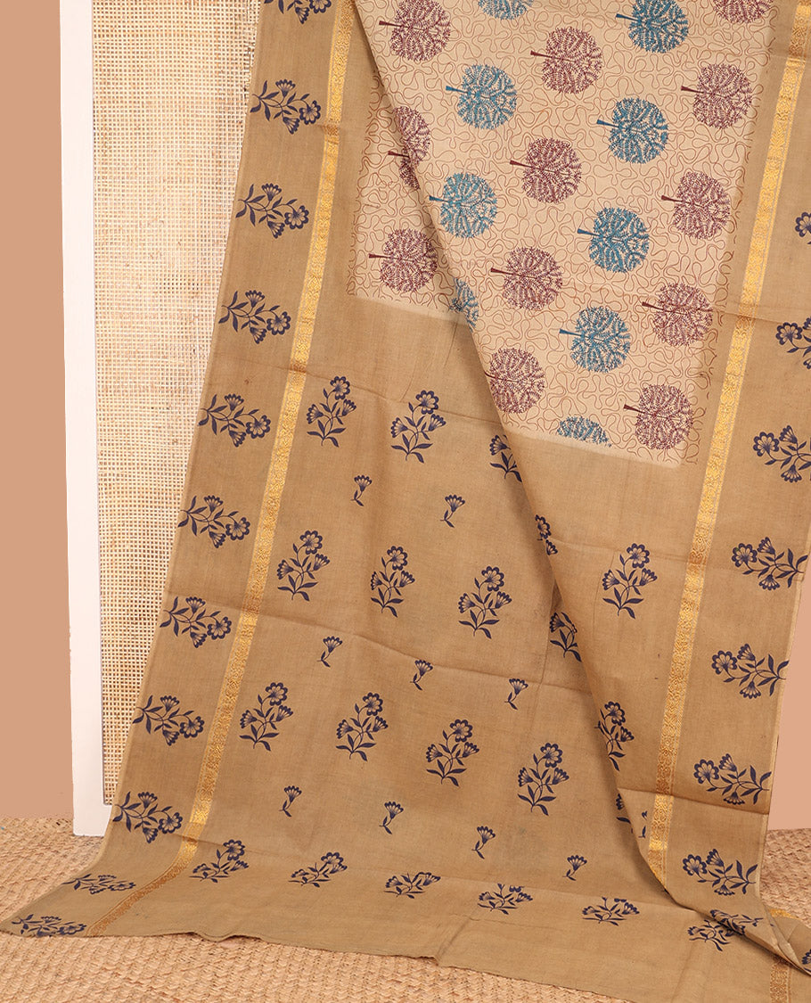 Sandal Sungudi Cotton Saree Bedecked with Tree Motifs and Vine Print, Highlighted by Contrast Zari and Print Work Border of Floral Print, and Pallu with Floral Print
