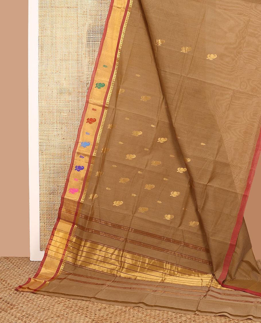 Brown zari buttas Venkatagiri cotton saree with contrast thread paisley border, and pallu of zari stripes