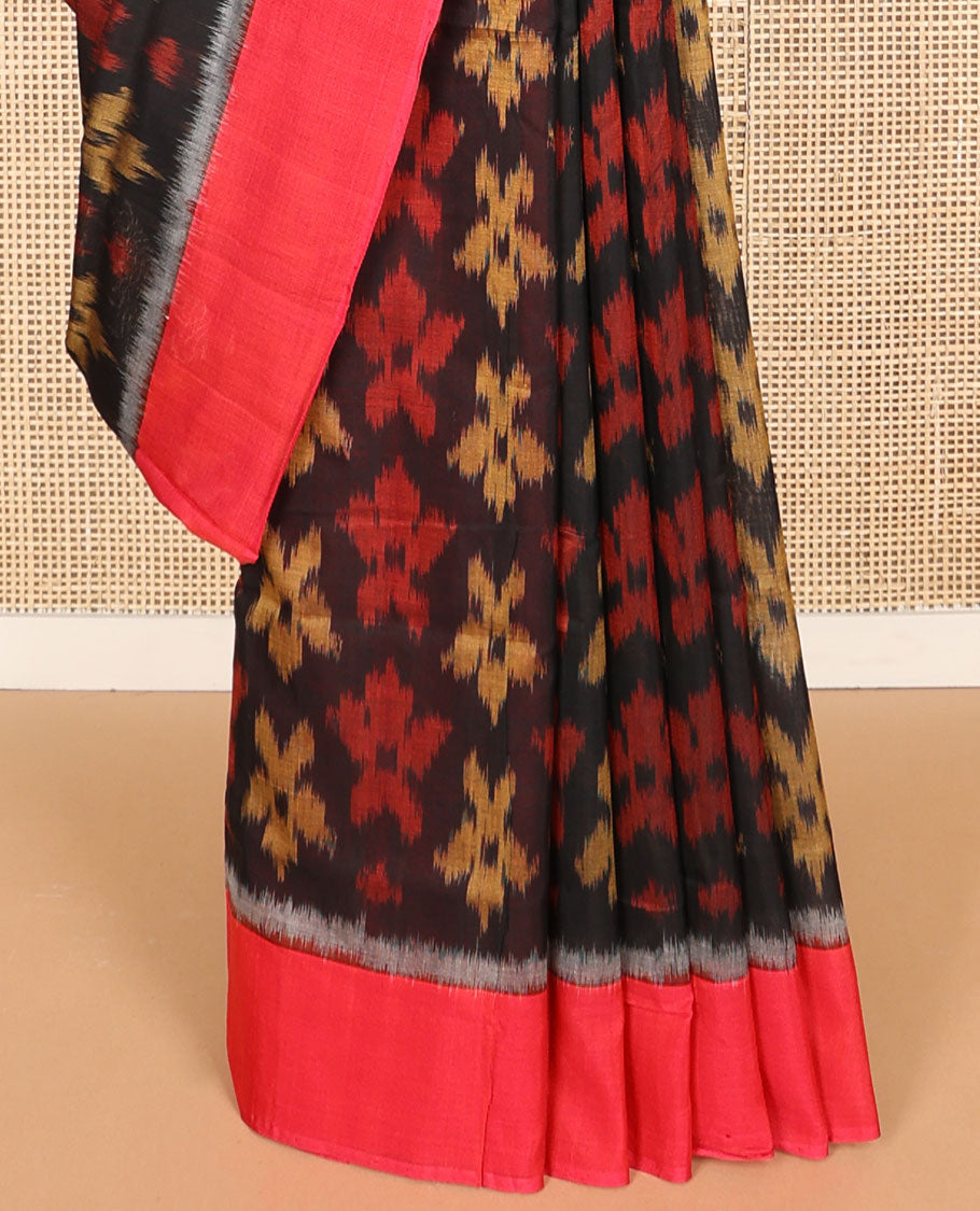 Black floral design ikkat cotton saree with contrast border & geometric design pallu