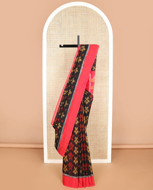 Black floral design ikkat cotton saree with contrast border & geometric design pallu