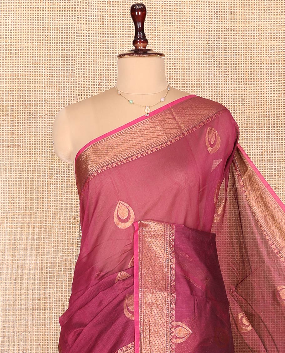 Red Semi-Silk Cotton Saree, Detailed with Drop-Shaped Zari Buttas on Its Body, Complemented by Contrast Traditional Zari Border, Grand Pallu of Jaal Designs, and Paired with a Contrast Blouse