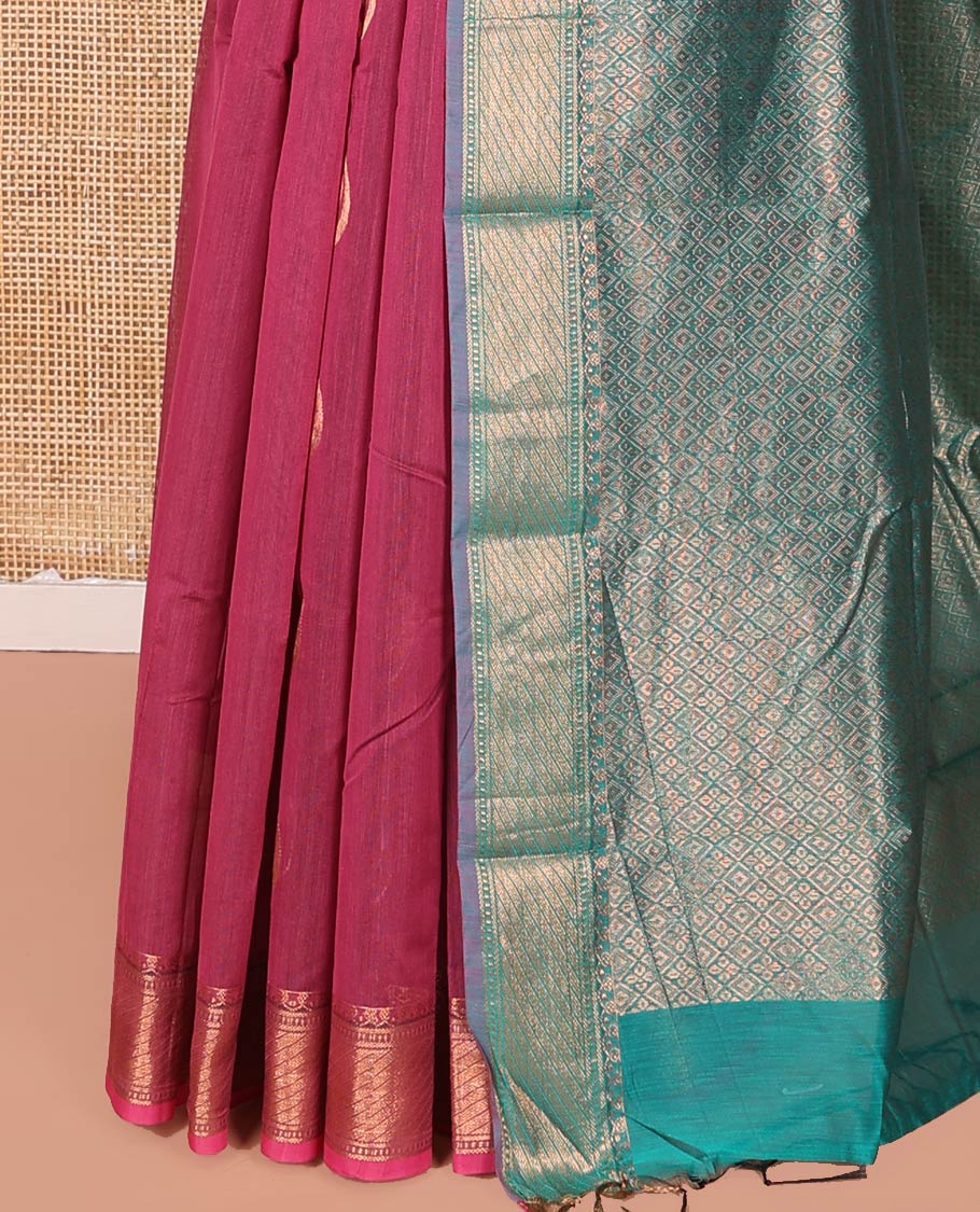 Red Semi-Silk Cotton Saree, Detailed with Drop-Shaped Zari Buttas on Its Body, Complemented by Contrast Traditional Zari Border, Grand Pallu of Jaal Designs, and Paired with a Contrast Blouse