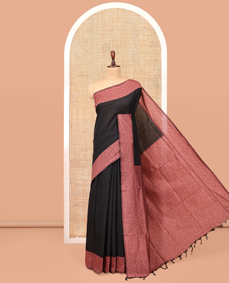 Black Plain Poly Cotton Saree, Complemented by a Contrast Geometric-Printed Border, Pallu, and a Contrast Blouse