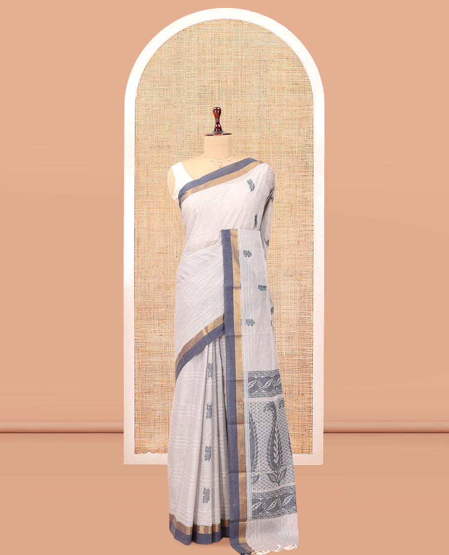 Grey Kanchi Cotton Saree, Woven with Floral Buttas and Stripes, a Contrast Border, Paisley Pallu, and a Matching Blouse