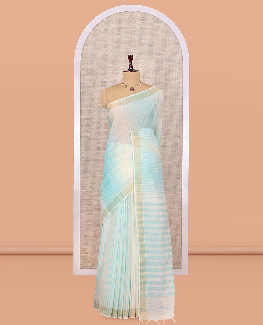 Cream-Sky Blue Jute Cotton Saree