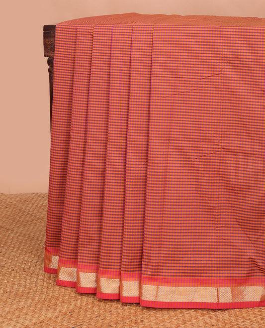 Red checked poly cotton saree with contrast zari design border & pallu of checks