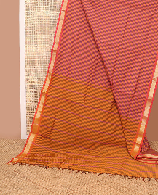 Red checked poly cotton saree with contrast zari design border & pallu of checks