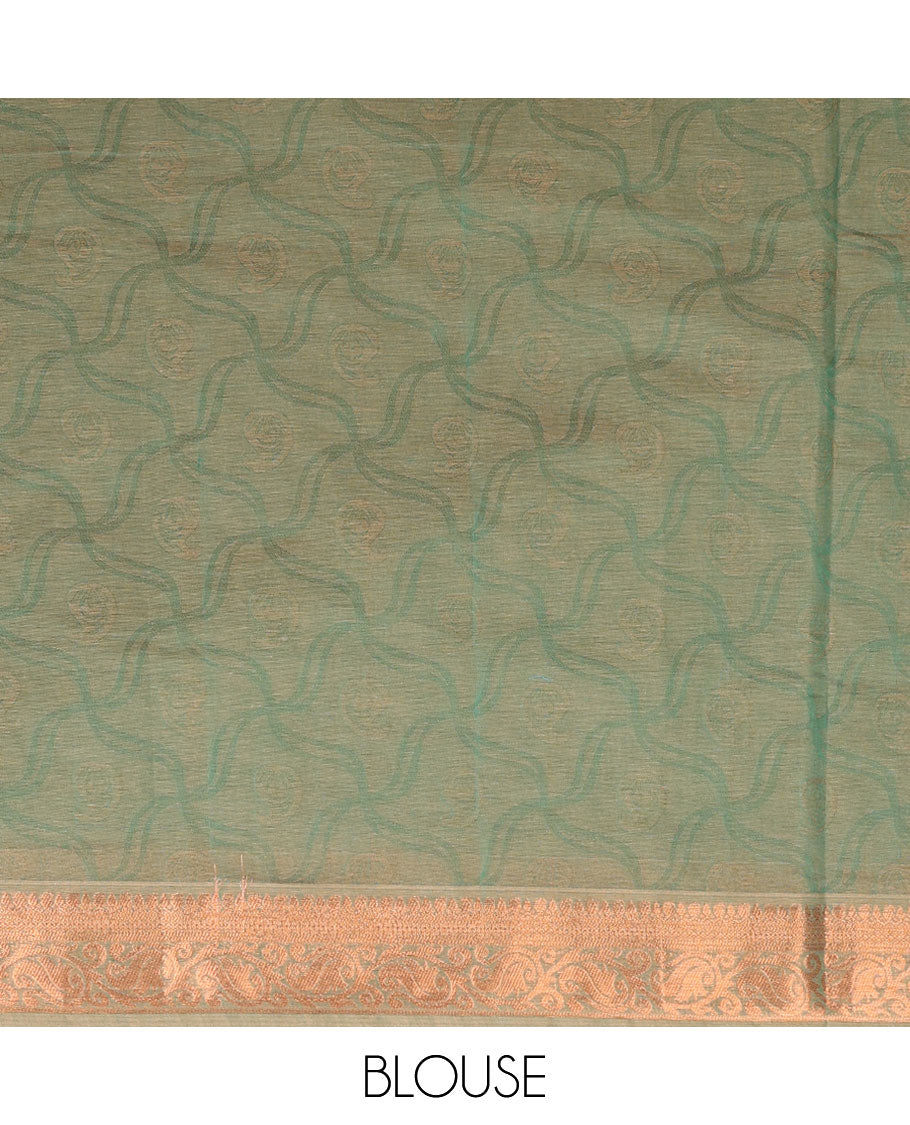 Green geometric-patterned Coimbatore cotton saree, traditional zari border & floral-paisley zari pallu