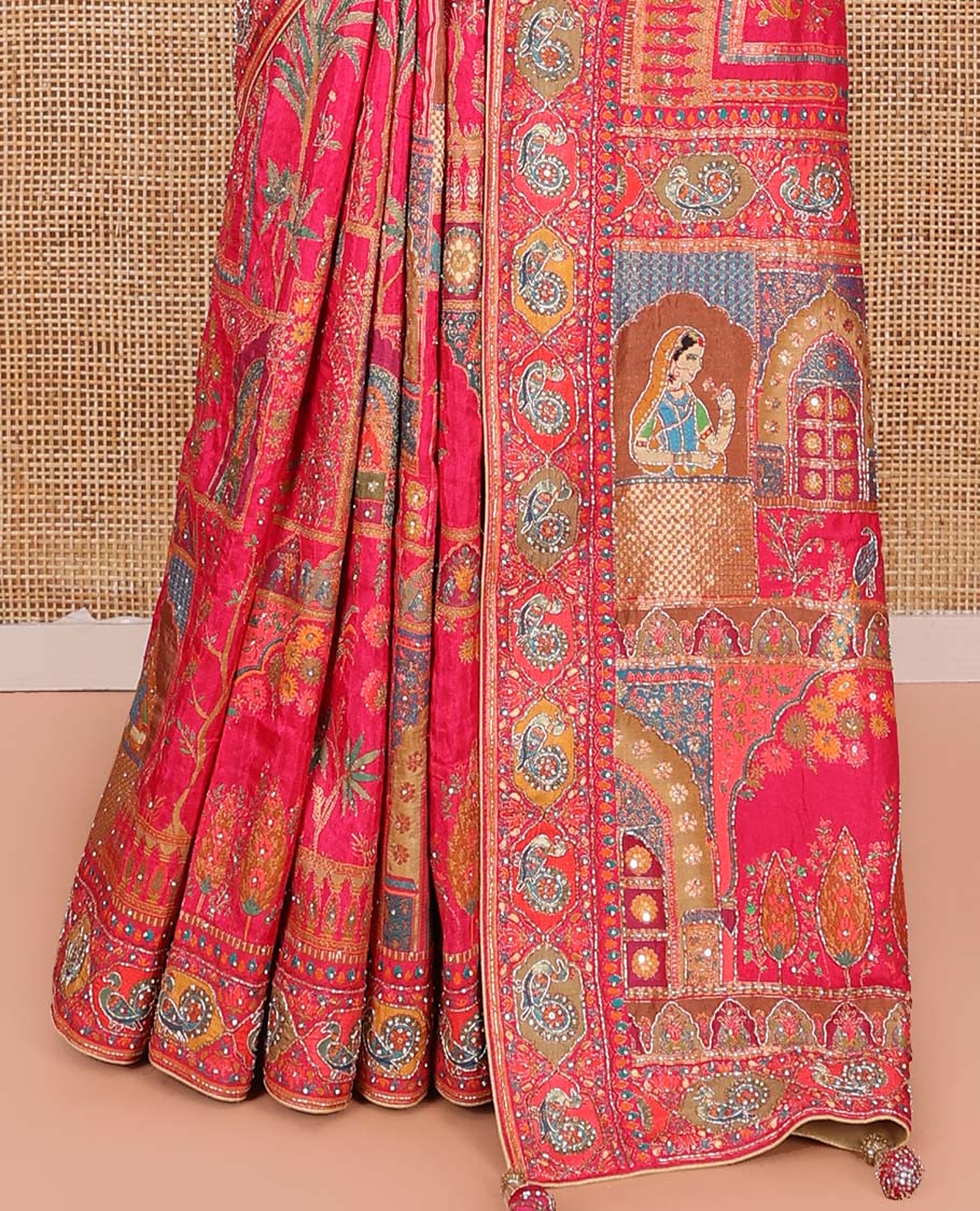 Pink Dola Silk Saree, Boldly Accentuated with Floral and Mughal-Style Print on Its Body, Highlighted by a Peacock Border, Pallu Depicts Mughal-Style Printed Outline Embroidery, and Paired with a Matching Blouse