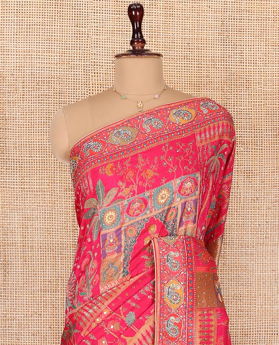 Pink Dola Silk Saree, Boldly Accentuated with Floral and Mughal-Style Print on Its Body, Highlighted by a Peacock Border, Pallu Depicts Mughal-Style Printed Outline Embroidery, and Paired with a Matching Blouse