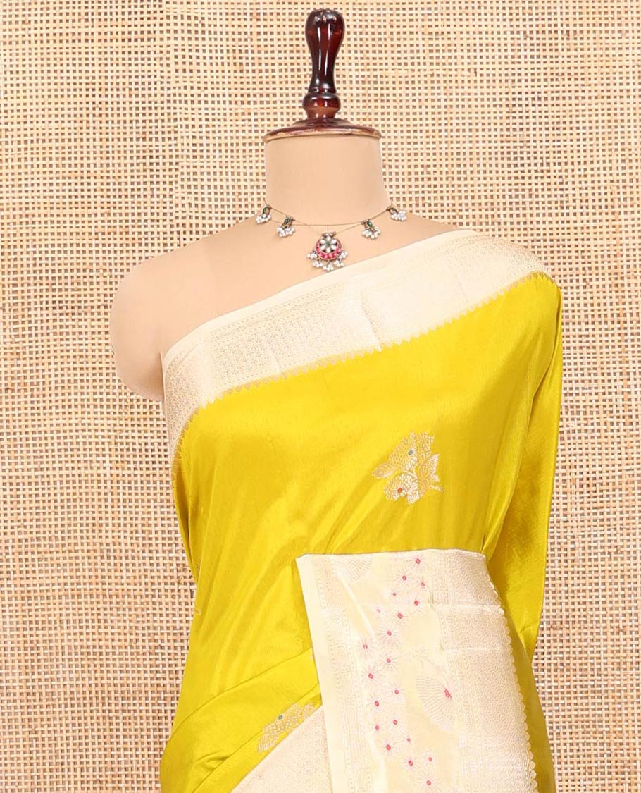 Mustard Green-Mango-Silk Saree, Embellished with Floral Zari Buttas All Over Its Body, Complemented by a Contrast Meenakari Zari Traditional Border of Floral Designs, Grand Pallu, and Paired with a Contrast Blouse