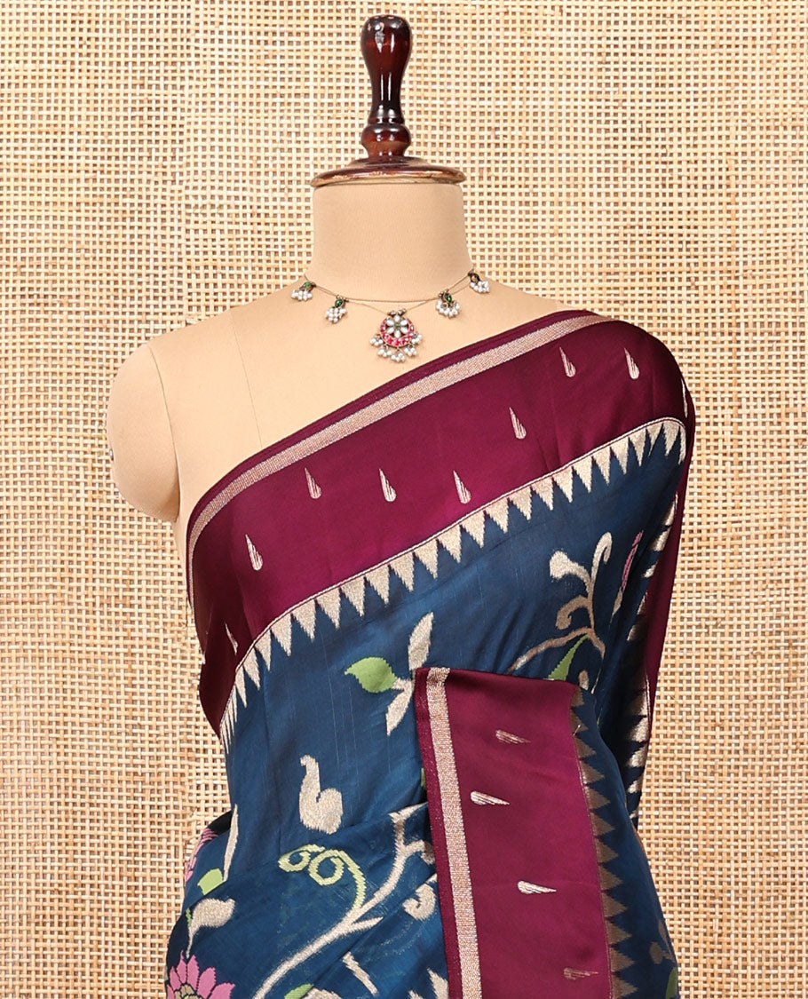 Navy Paithani Floral Organza Saree, Contrast Temple Border, Contrast Blouse