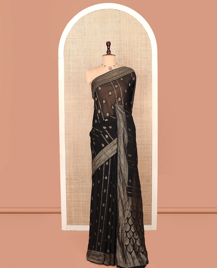 Black Georgette Saree, Enriched with Buttas and Stripes, Highlighted by a Traditional Border, Pallu of Intricate Designs, and a Matching Blouse