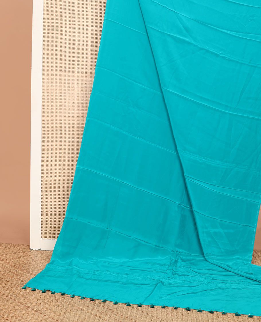 Borderless blue kamala silk saree with contrast floral printed blouse