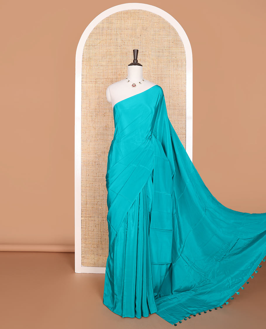 Borderless blue kamala silk saree with contrast floral printed blouse