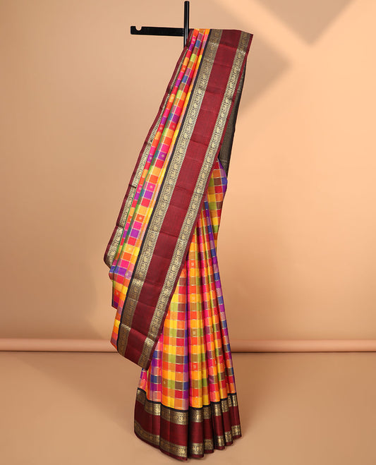 Multi-color checked kancheepuram silk saree with contrast rettai pettu border of thilakam mokku, muthu, manga, yaani, mayil design & zari design pallu '