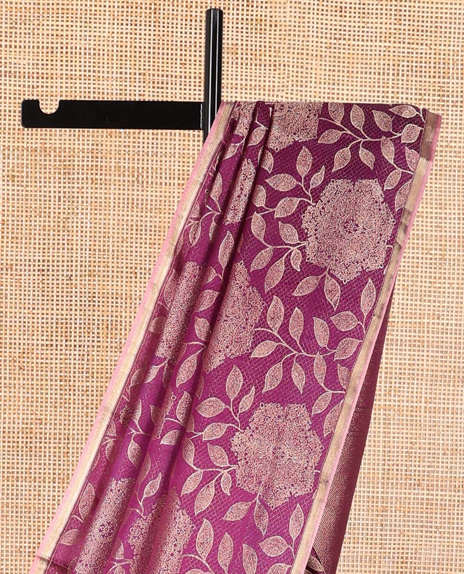 Violet checked, floral design kanchipuram designer silk saree with self zari border & intricate zari design pallu